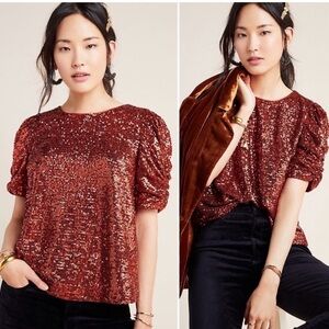 Anthropologie Shimmering Sequin Blouse - Red Orange New Years Party Top